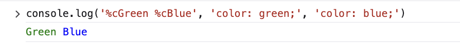Green and blue text in the javascript console