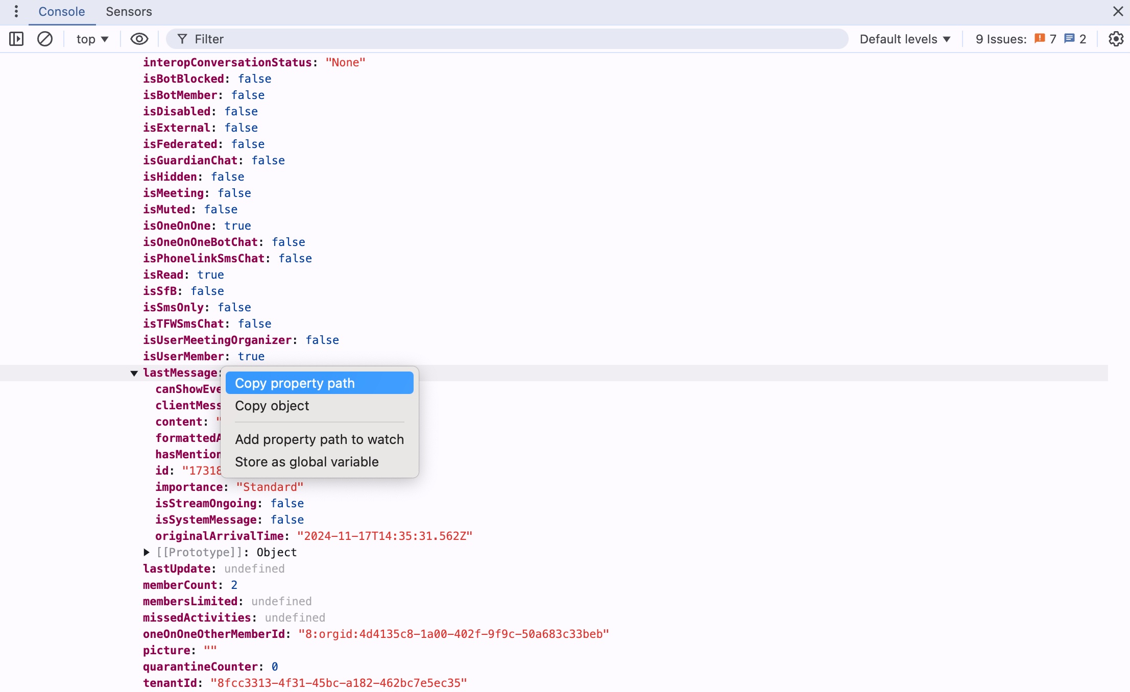 Screenshot of copy property path option in chrome dev tools